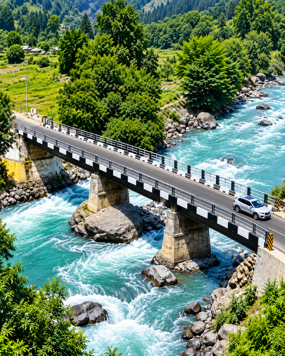 Steel truss bridge over a river in a mountain valley